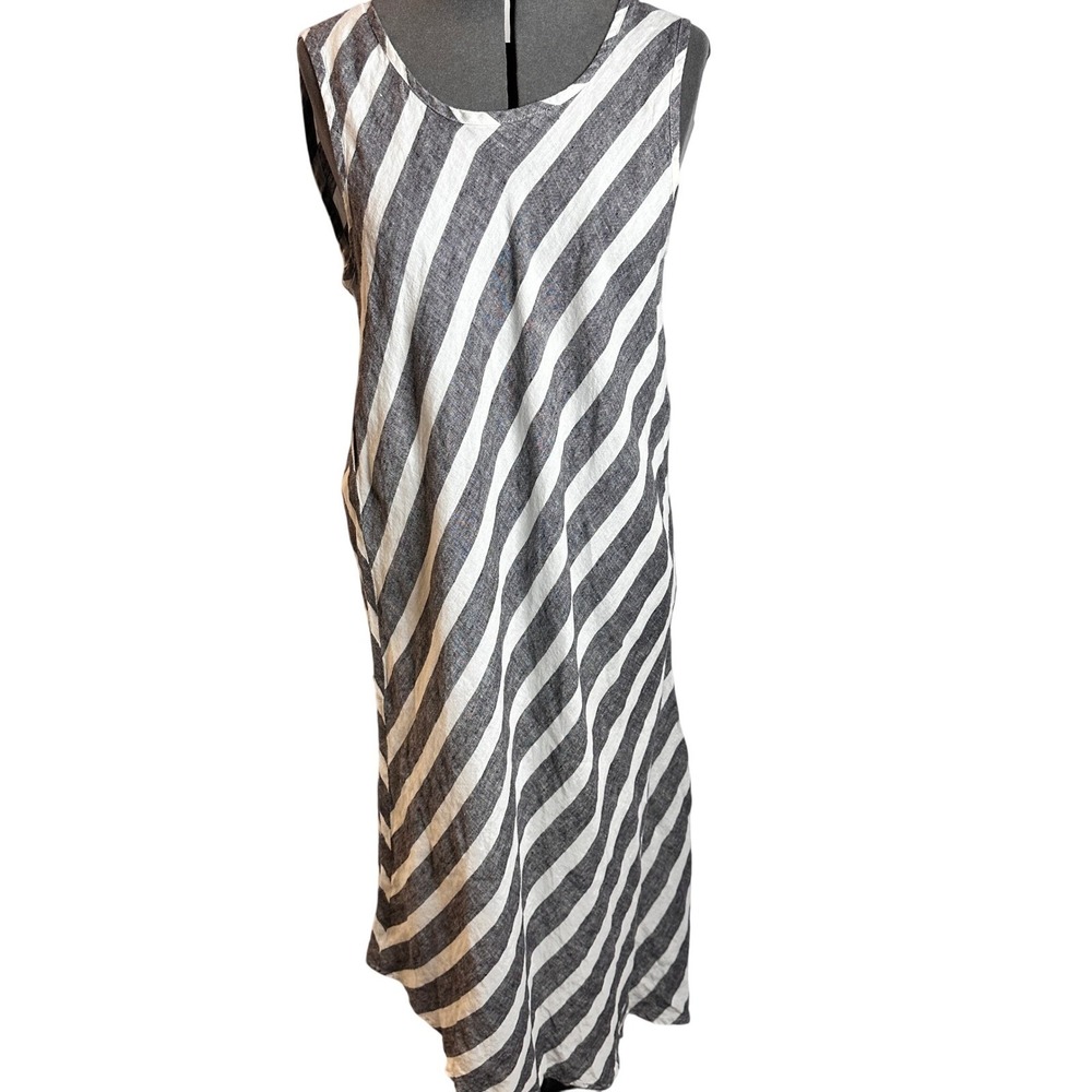 FLAX Linen Striped Asymmetrical Midi Dress Small Grey White Sleeveless Lagenlook